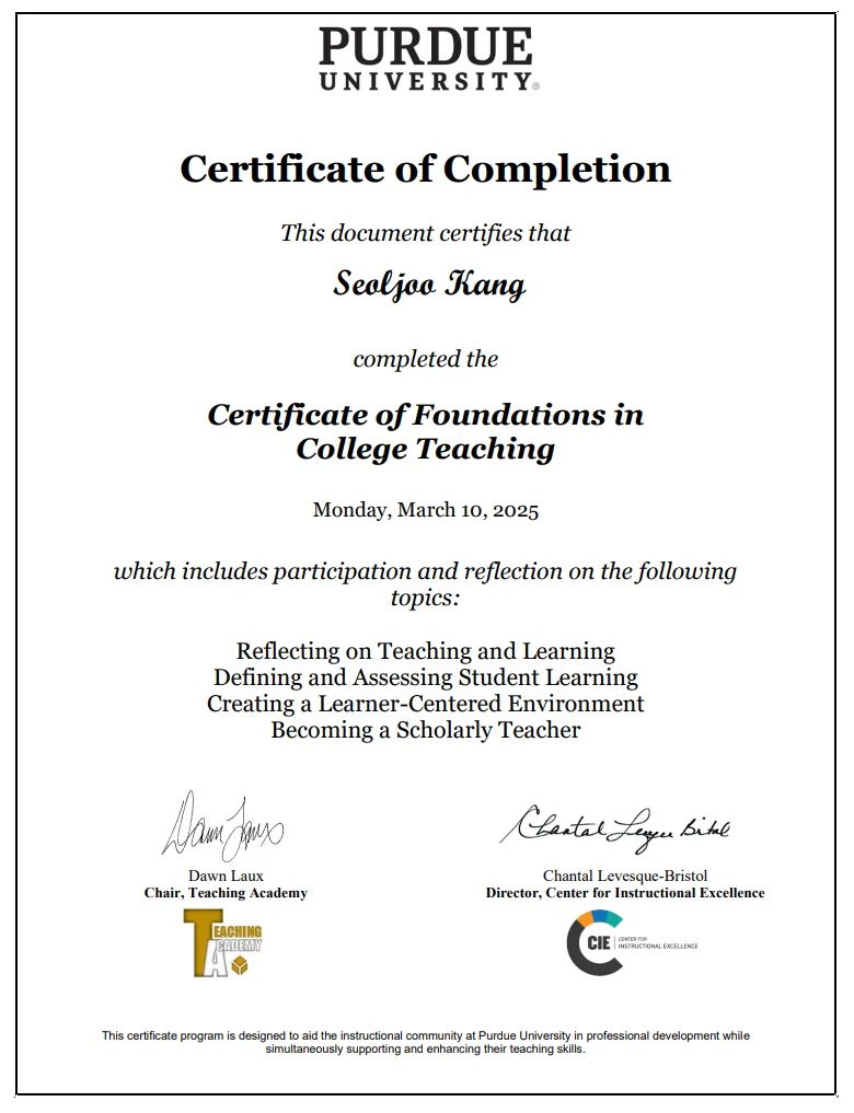 Certificate of Foundations in College Teaching from Purdue University